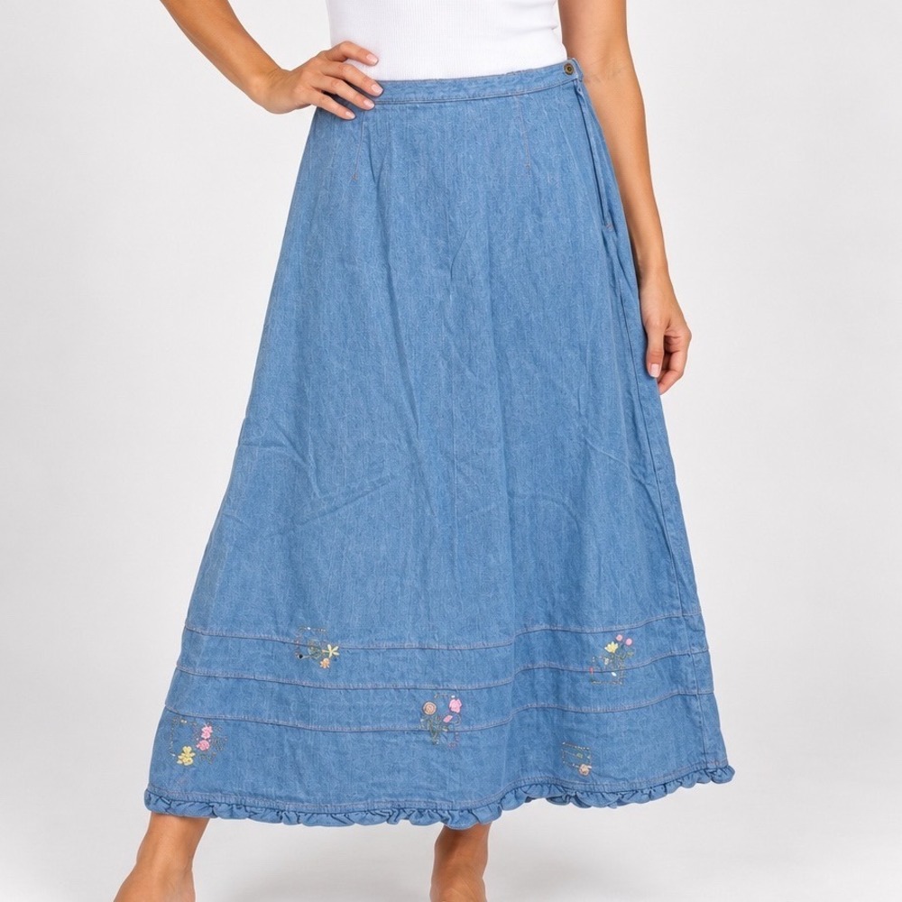 Y2K Embroidered Denim Maxi Skirt Cotton Prairie Boho Light Wash Medium
